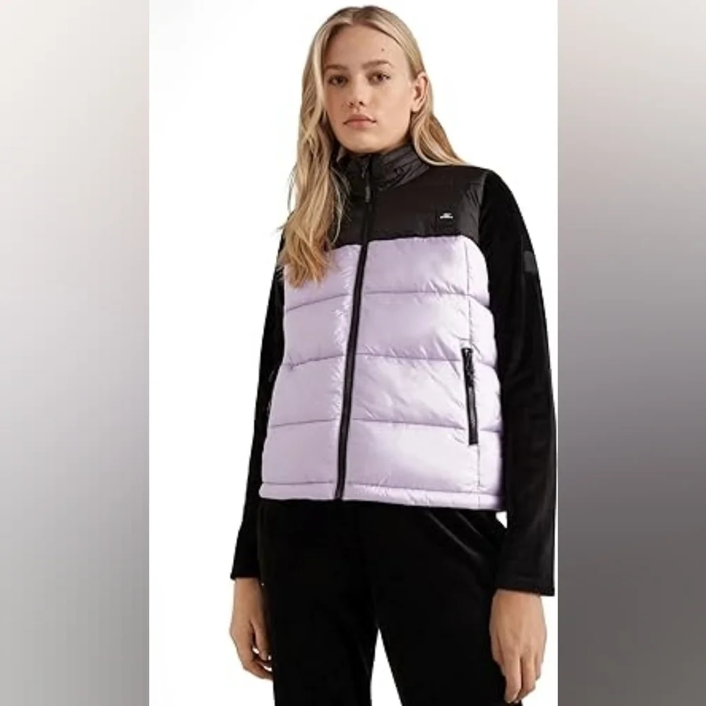 O'Neill Women's Black and Lavender Puffer Vest Size Small O'Riginals‎ Hood Warm